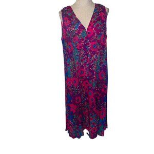Vintage Womens Dress Size Large Multicolor Barkcloth Hawaiian Floral Pleated